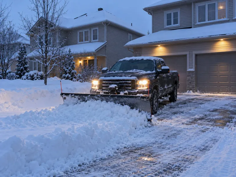 At dawn, a pickup truck with a steel plow blade pushes a ridge of fresh snow on a residential double driveway in front of a two-car garage.