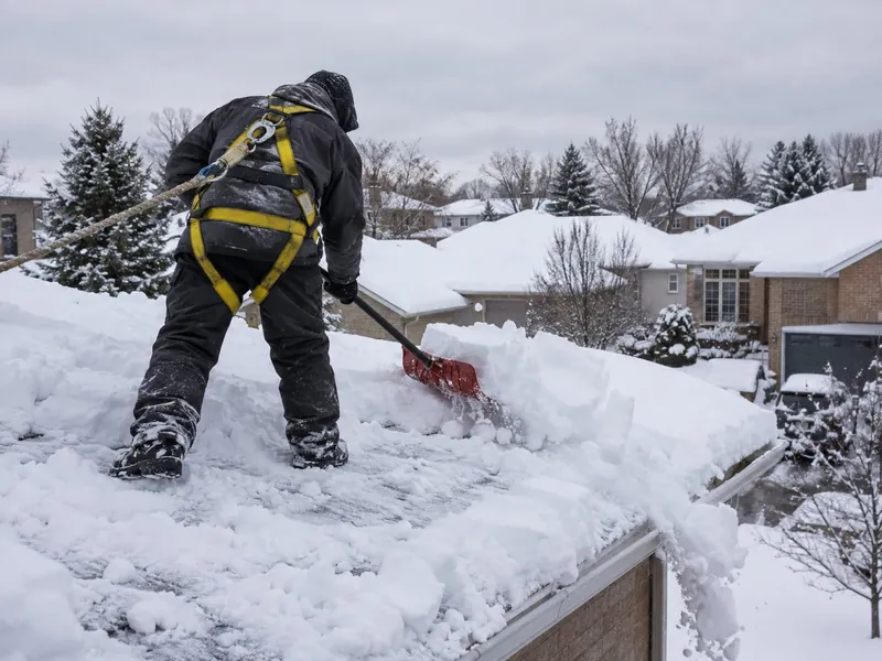 A worker in a yellow safety harness tied to a rope line shovels deep snow off a low-slope residential roof with a red shovel, above snow-covered suburban brick houses.