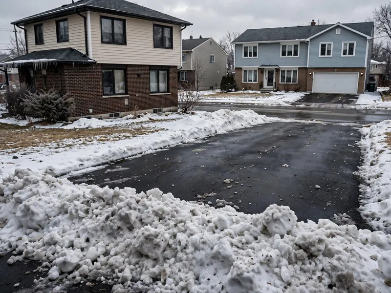 A ridge of grey, packed snow left by a City street plow across the end of a cleared residential driveway, with a car parked in the driveway behind it.